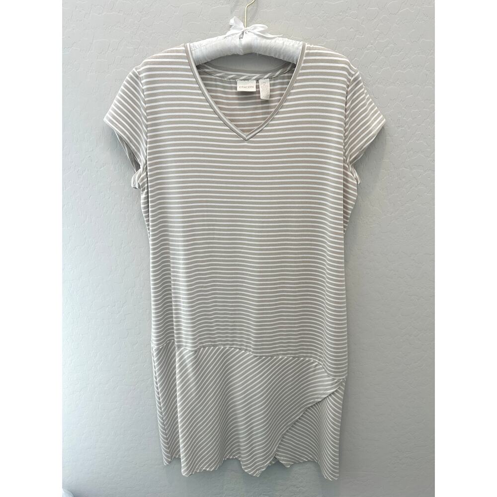 CHICO’S Neutral Striped Asymmetrical Hem Knit V-Neck Dress NWT Size 2 Large - Picture 2 of 10